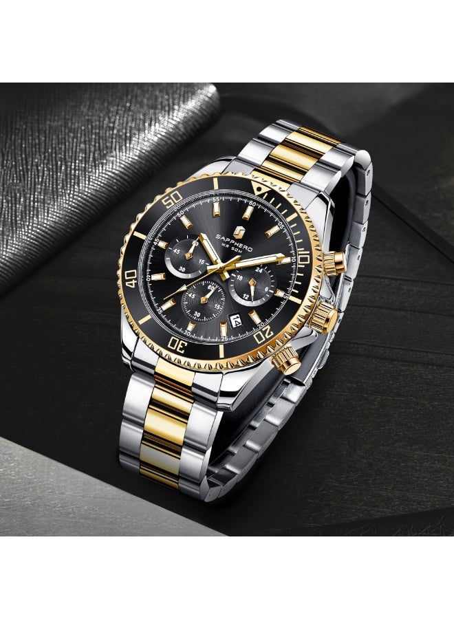 سافيرو ساعة سابفيرو كرونوغراف رجالية من الفولاذ المقاوم للصدأ، مقاومة للماء حتى عمق 50 مترًا، ساعة كوارتز تناظرية مع عرض التاريخ، ساعة كلاسيكية فاخرة وأنيقة، هدية مثالية للرجال. - Image 4